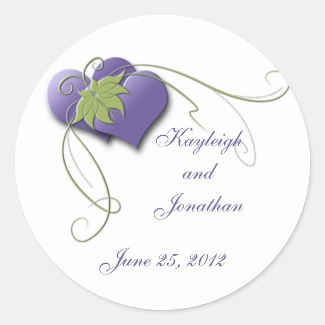 Purple Hearts Green Swirls Save the Date Sticker (Front)