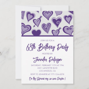 Purple Hearts Night Out Girly 68th birthday Invitation