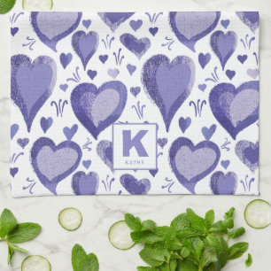 Purple Hearts Pattern Drawing Monogram Tea Towel