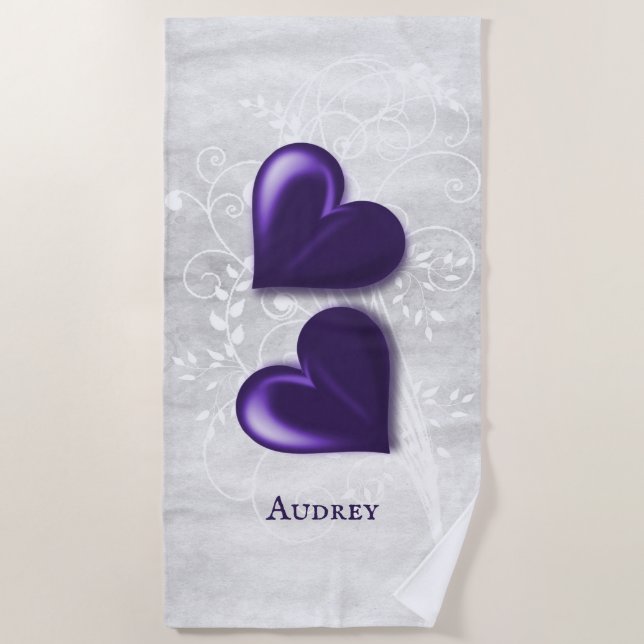 Purple Hearts Personalised Beach Towel (Front)