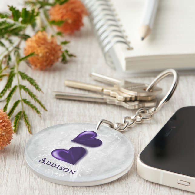 Purple Hearts Personalised Keychain (Front Right)