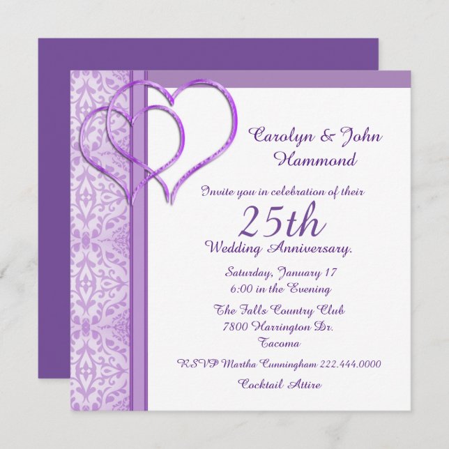 Purple Hearts Wedding Anniversary Invitation (Front/Back)