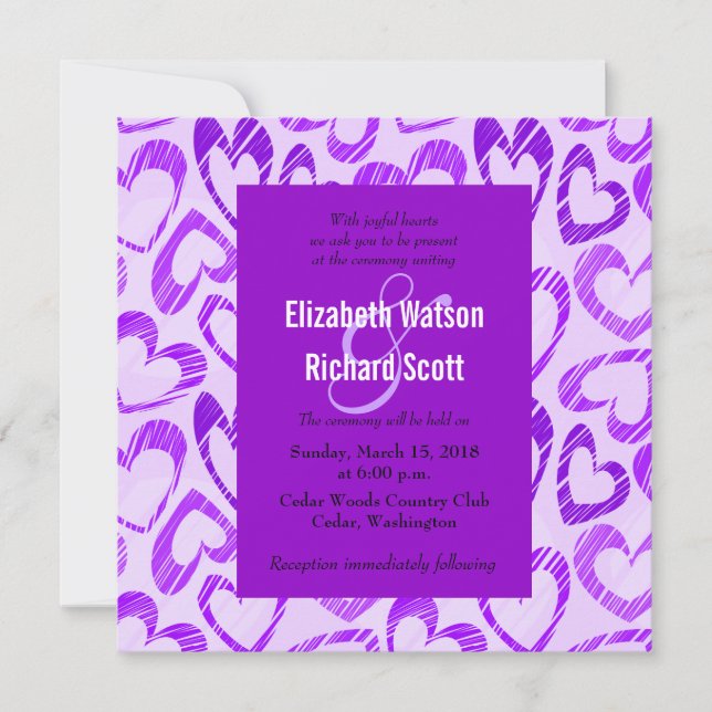 Purple hearts wedding invitation (Front)