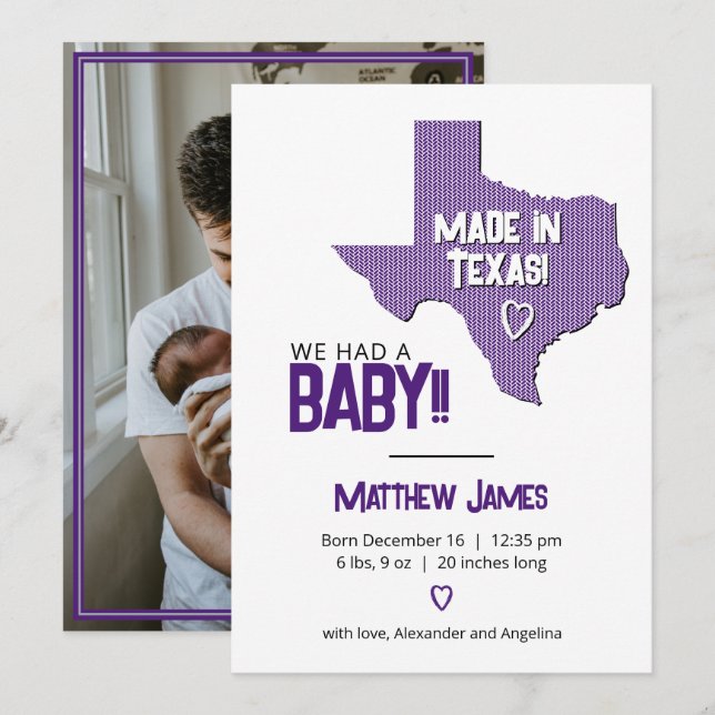 Purple Herringbone Made in Texas Photo Baby Announcement (Front/Back)