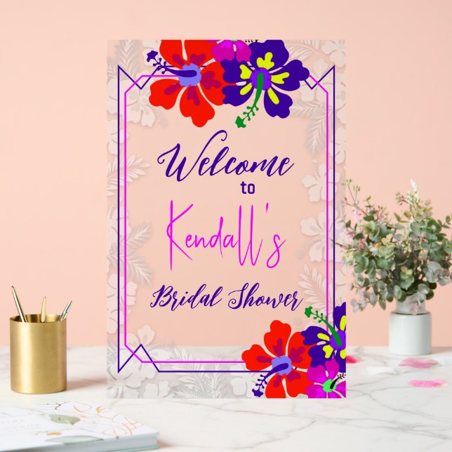Purple Hibiscus Bridal Shower Welcome Acrylic Sign (Wedding)
