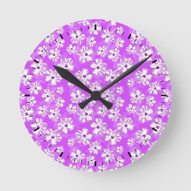 Purple Hibiscus Flowers Round Clock (Front)