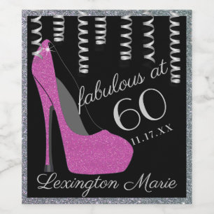 Purple High Heel 60th Birthday Party Sparkling Win Wine Label