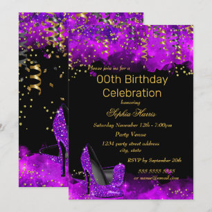 Purple High Heel Gold Black glitter Birthday party Invitation