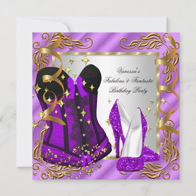Purple High Heel Gold Silver Corset Birthday Party Invitation (Front)
