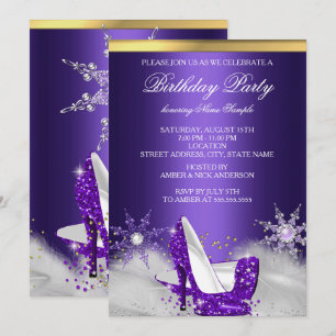 Purple High Heel Shoes Silver Gold Birthday Party Invitation