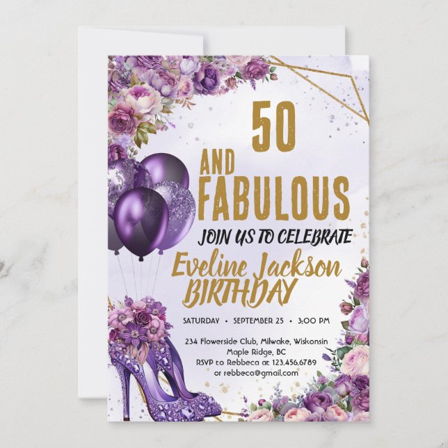Purple High Heels 50th Birthday Party Invitation (Front)