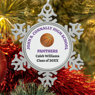 Purple High School Basketball Player Personalised Snowflake Pewter Christmas Ornament