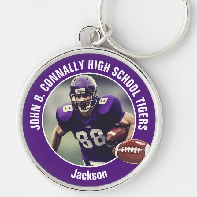 Purple High School Football Player Photo Key Ring (Front)