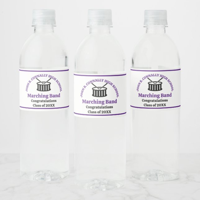 Purple High School Marching Band Graduation Party Water Bottle Label (Bottles)