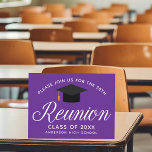 Purple High School Reunion Custom Party Postcard<br><div class="desc">A classy custom class reunion party invitation postcard in purple and white for a high school,  college,  or university. Customise with your school name and graduating class under the elegant calligraphy for great personalised alumni celebration invite postcards.</div>