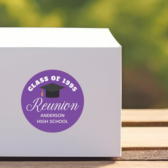 Purple High School Reunion Personalised Party Classic Round Sticker (Creator Uploaded)