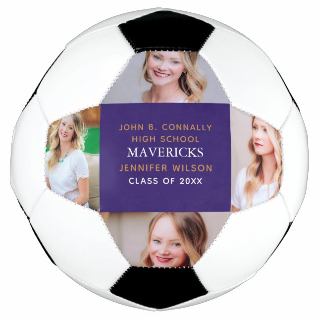 Purple High School Senior 4 Photo Personalised Soccer Ball (Front)