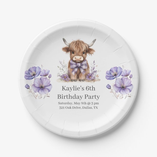 Purple Highland Cow Birthday Party Paper Plate (Front)