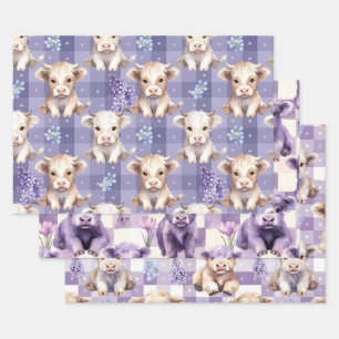 Purple Highland Cow Gingham Lilac Aesthetic Wrapping Paper Sheet