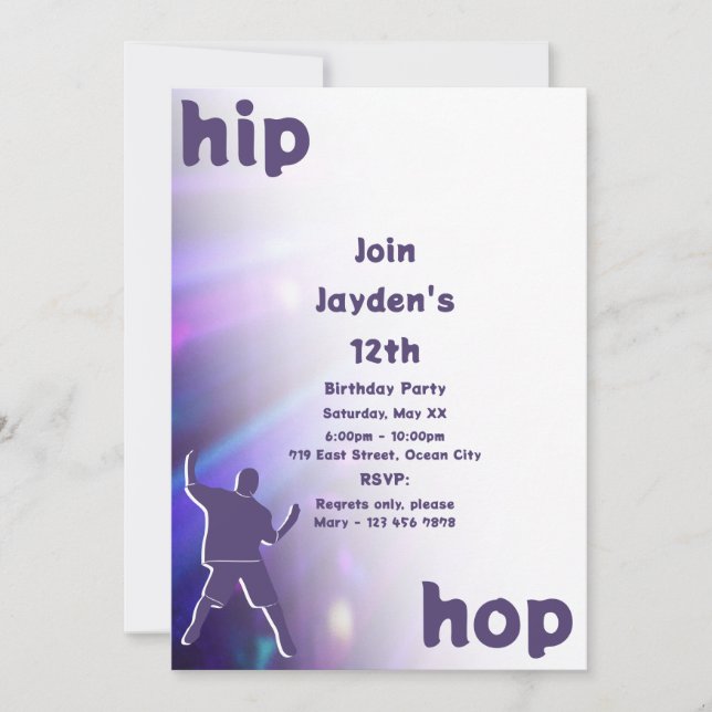 Purple Hip-Hop Dance 12th Birthday Invitation (Front)