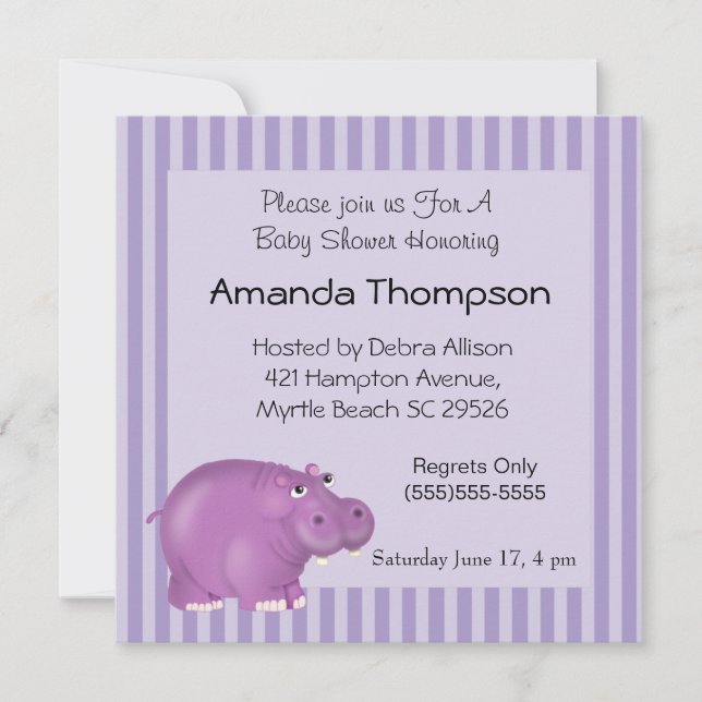 Purple Hippo Baby Shower Invitations (Front)
