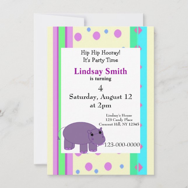 Purple Hippo Party Invitation (Front)