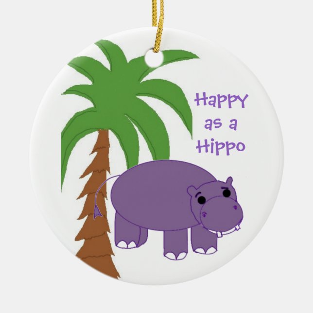 Purple Hippopotamus with a Palm Tree Ceramic Tree Decoration (Front)