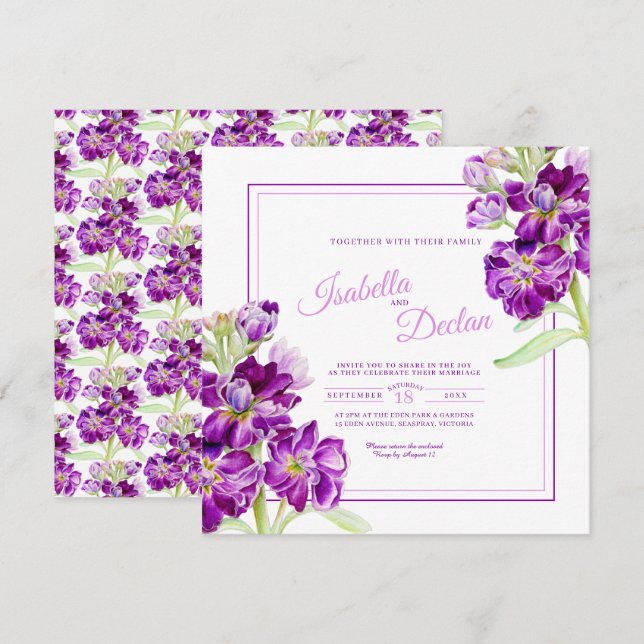 Purple hoary stock flowers watercolor art wedding invitation (Front/Back)