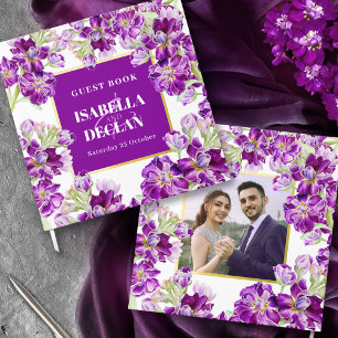 Purple hoary stock gilly flowers wedding photo guest book