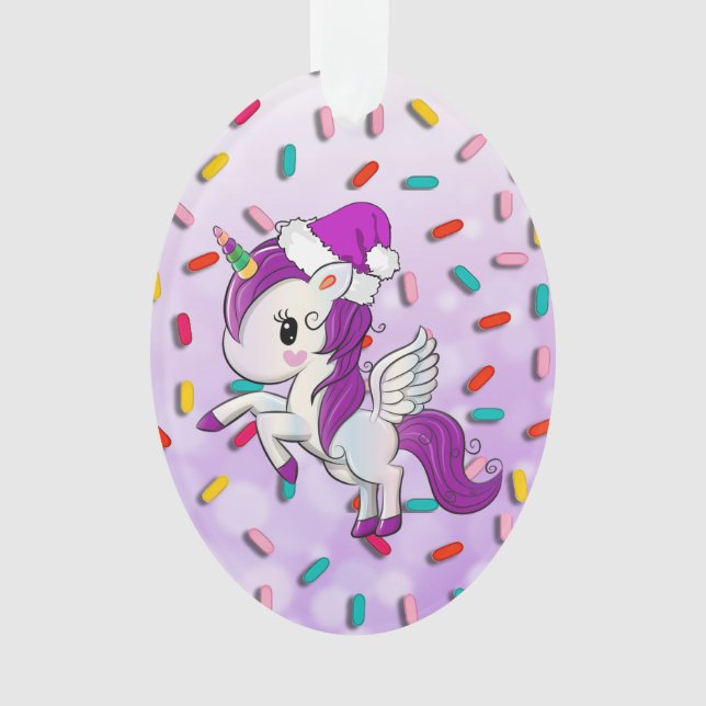 Purple Holiday Unicorn and Sprinkles Christmas Ornament (Front)