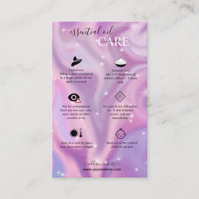 Purple Holographic Essential Oil Care  Business Card (Front)