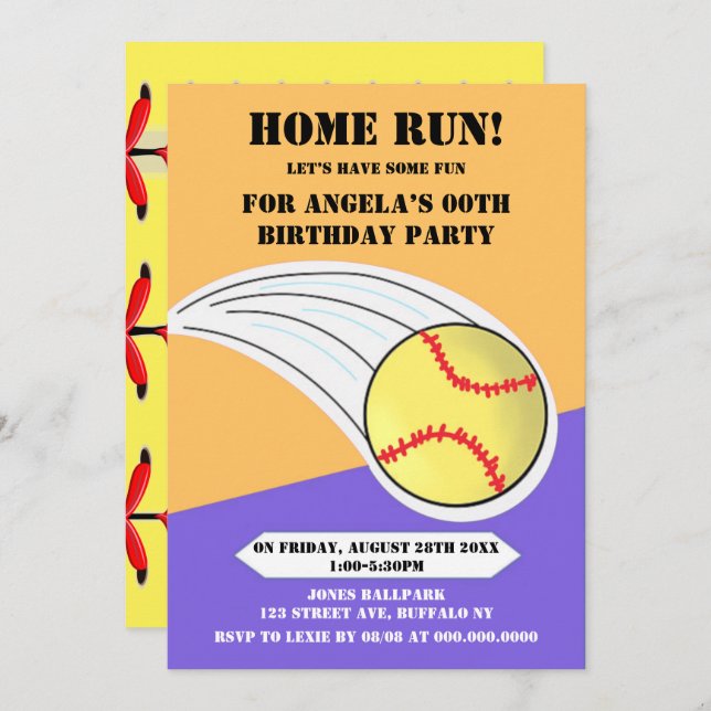 Purple Home Run Softball Birthday Party  (Front/Back)