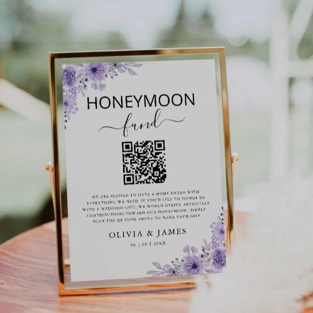 Purple Honeymoon Fund QR Code Sign, Wedding Invitation (Purple Honeymoon Fund QR Code Sign, Wedding Invitation)