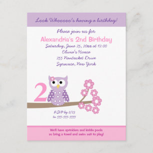 Purple Hoot Owl Girl Birthday Invite 4.25 x 5.5