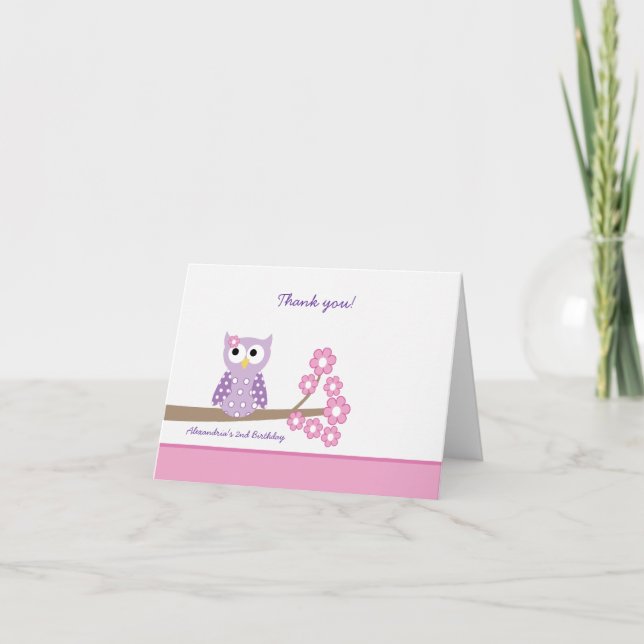 Purple Hoot Owl Girl Birthday Thank you Card Pink (Front)