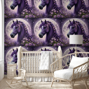 Purple Horse With Moon And Flowers, Wallpaper