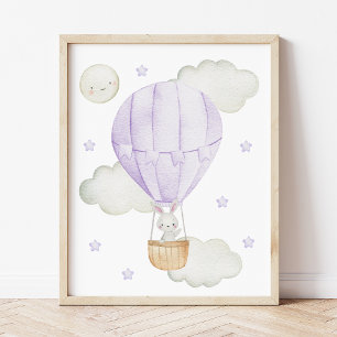 Purple Hot Air Balloon, Animals, Bunny, Moon Photo Print