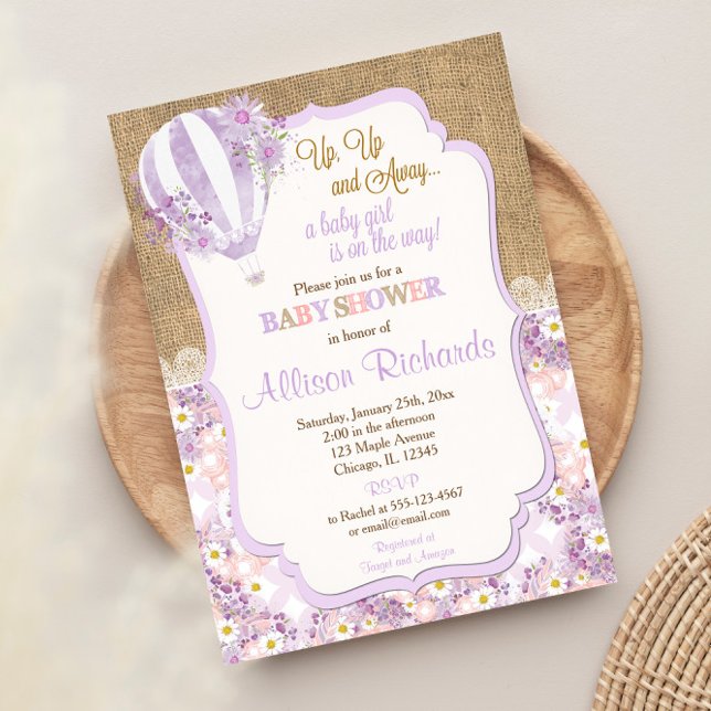 Purple hot air balloon girl baby shower invitation (Creator Uploaded)