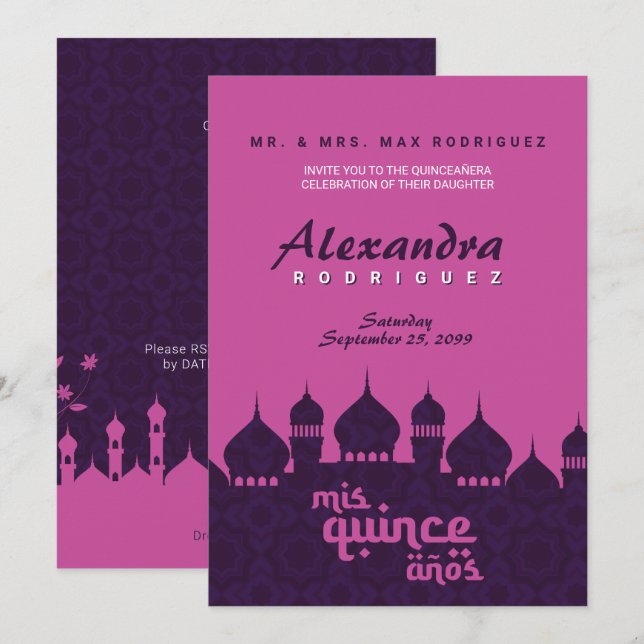 Purple & Hot Pink Arabian Nights Quinceañera Invitation (Front/Back)