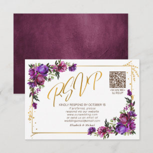 Purple Hot Pink Floral Gold Script QR Code RSVP Card