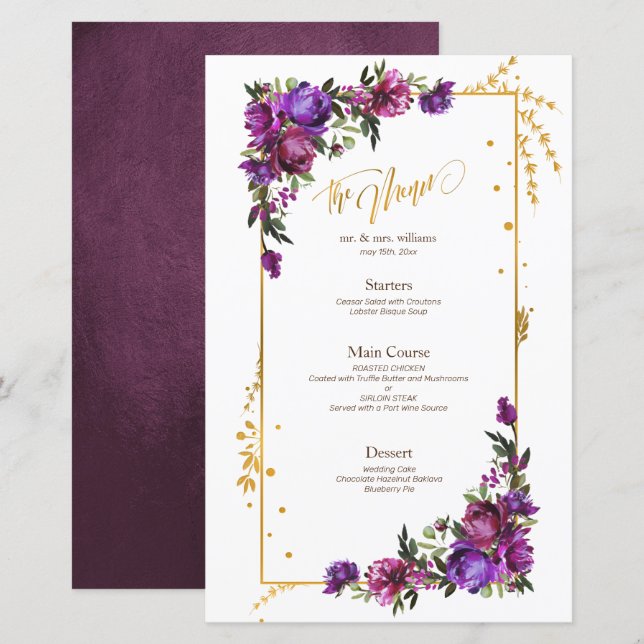 Purple Hot Pink Gold Watercolor Floral Menu (Front/Back)