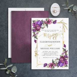 Purple Hot Pink Gold Watercolor Floral Script Invitation