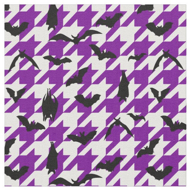 purple houndstooth halloween black bats fabric (Close Up)