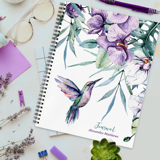 Purple Hummingbird and Floral Personalised Journal (Customize the text and choose from various page styles with this pretty notebook!)