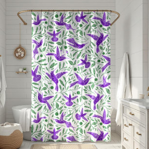 Purple hummingbirds with green flowers & leaves shower curtain