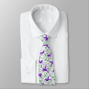 Purple hummingbirds with green flowers & leaves tie
