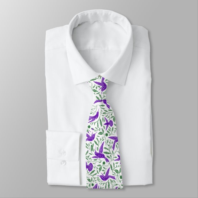 Purple hummingbirds with green flowers & leaves tie (Tied)