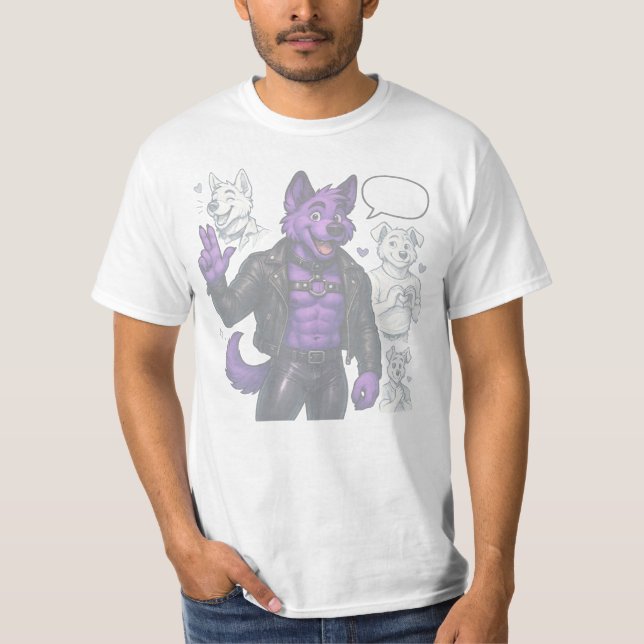 Purple Husky in Leather T-Shirt (Front)