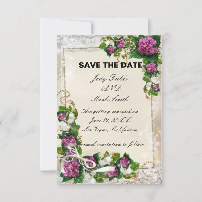 Purple Hydrangea And Lace Save The Date Card (Front)