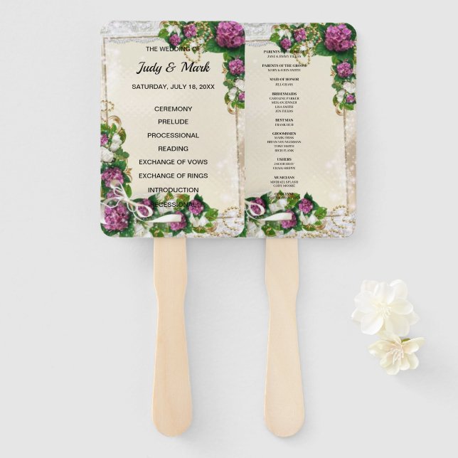 Purple Hydrangea And Lace Wedding Program Hand Fan (Front and Back)